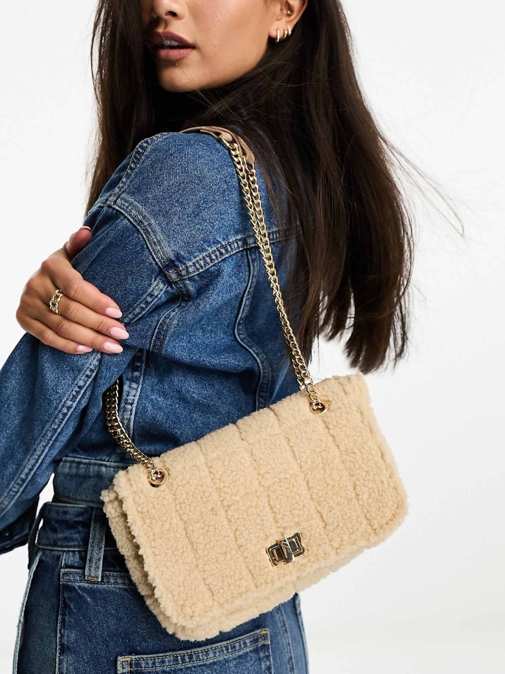 Glamorous Borg Quilted Bag with Chain Strap
